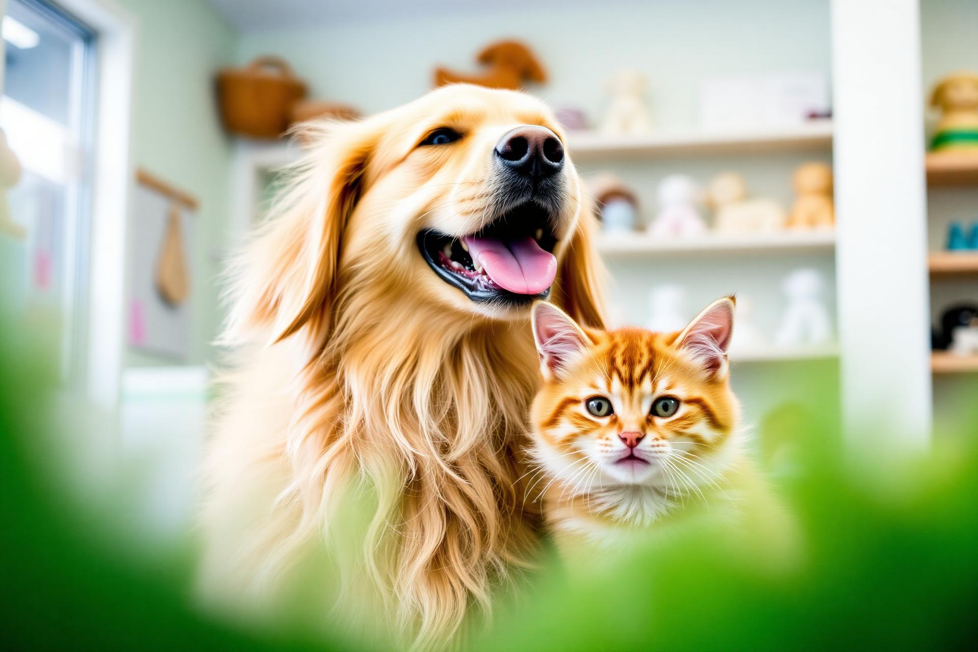 Cão e gato felizes na Luana Ramos Pet Shop